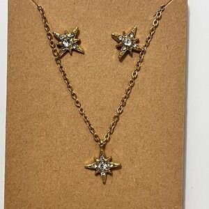 Gold Tone Starburst Necklace and Stud Earrings Set Sparkling Crystal Accents